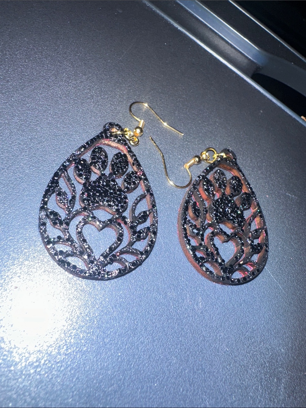 Black Glitter Paw Heart Teardrop Earrings - Women Jewelry